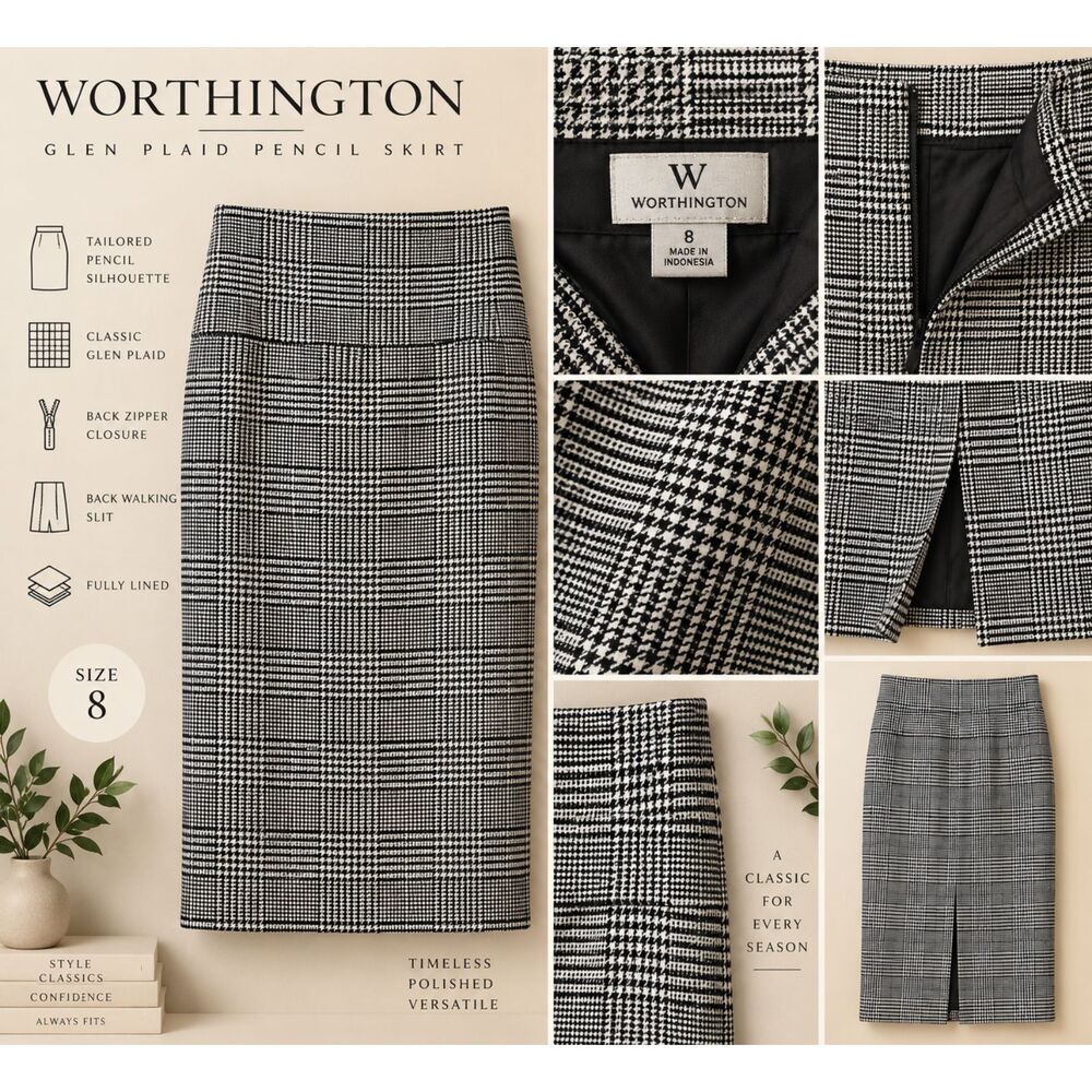 Worthington Black White Glen Plaid Pencil Skirt Size 8 Lined Career Midi